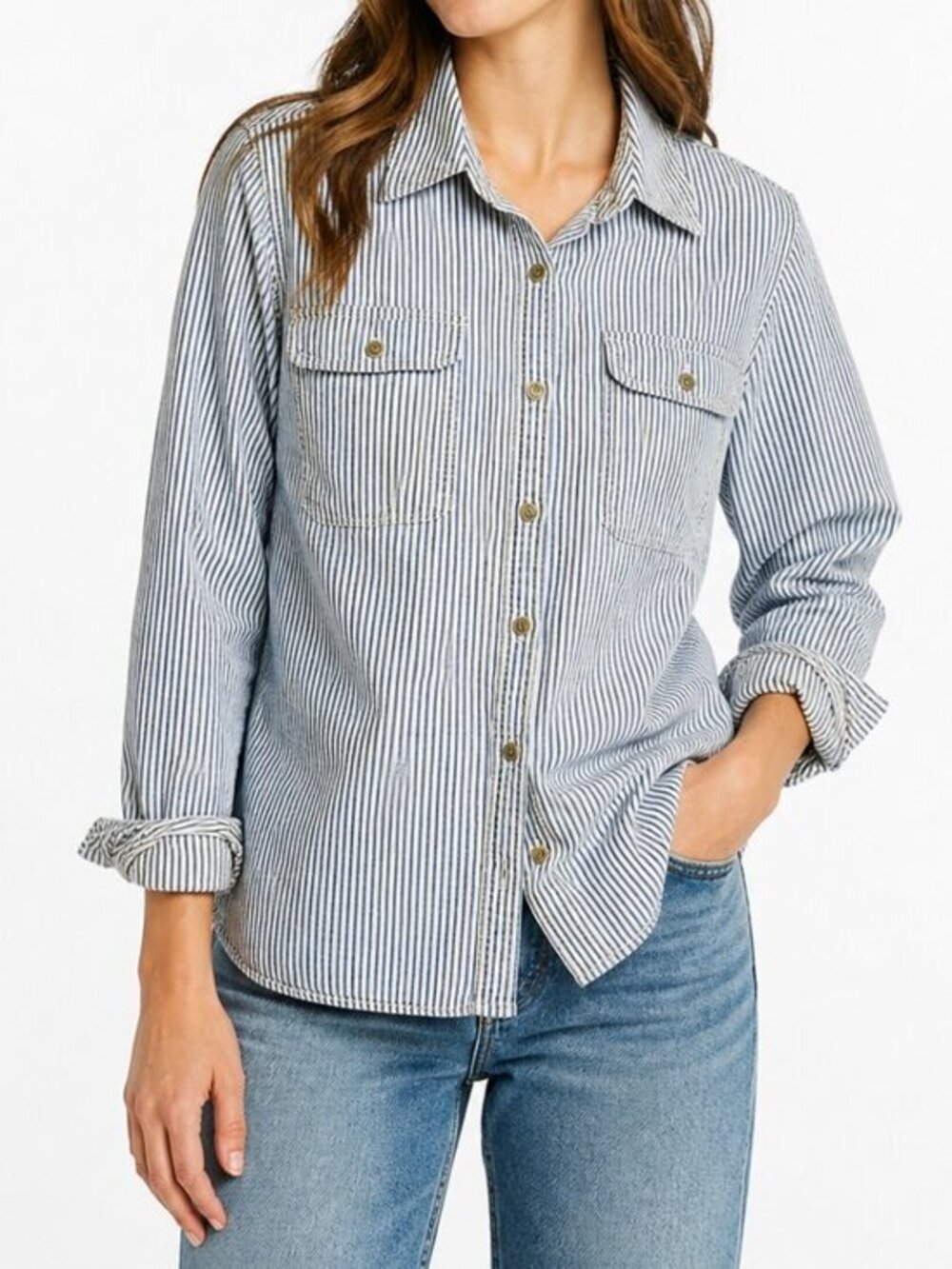 L.L. Bean Women's Cotton Pinstripe Heavy Weight Button Up Shirt Shacket Size MP